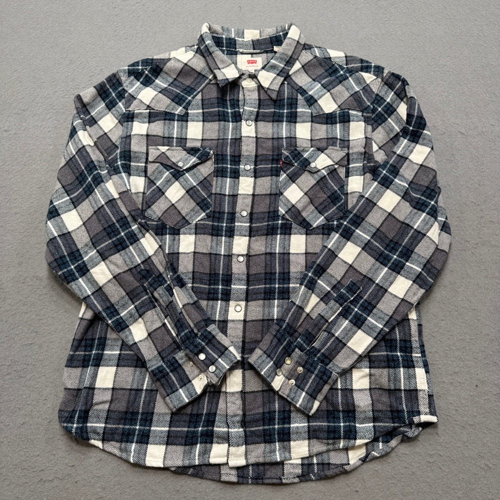 Levi's Flannel Shirt Men's XL Blue Plaid Pearl Snap Long Sleeve Classic Western